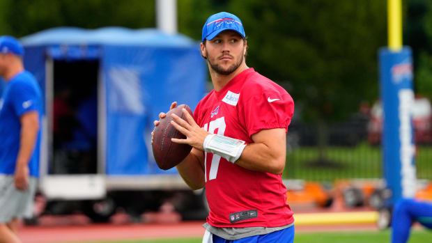 Buffalo Bills quarterback Josh Allen looks to throw the ball during training camp.